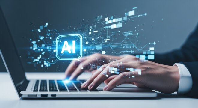 Businessperson typing on laptop with AI technology and digital interface graphics floating above keyboard in blue hues.