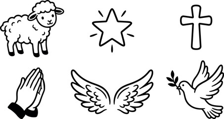 Naklejka premium Simple black and white vector icons featuring lamb praying hands star cross dove peace wings illustrations