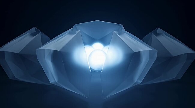 Abstract geometric crystal structures with glowing orb center and futuristic appearance