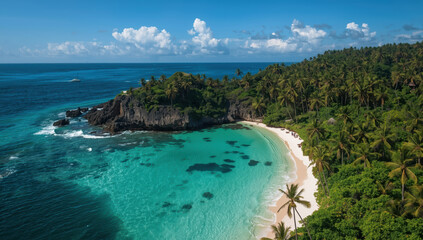 Tropical secluded beach with turquoise water, white sand and palm trees, sunny sky