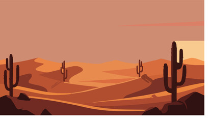 Fototapeta premium Desert Western Sunset Vector Background with Cactus and Sand Dunes