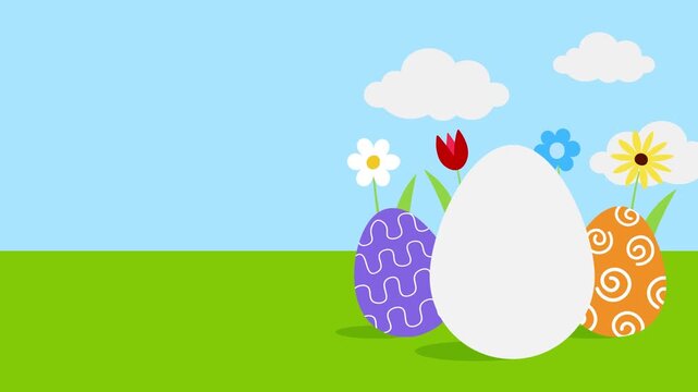 easter animated banner with chick in a hatched egg, colorful eggs and flowers with space for your text