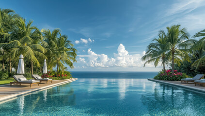 Fototapeta premium Tropical infinity pool overlooking calm ocean with palm trees and lounge chairs