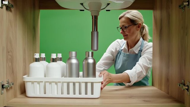 Woman Organizing Reusable Eco-Friendly Bottles and Cleaning Supplies on Green Screen Background Loop