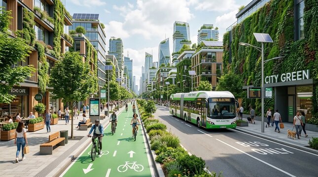 A vibrant, modern green city street featuring buildings with vertical gardens, a dedicated bike lane, a public electric bus, and pedestrians enjoying a sunny day.