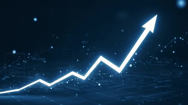 Glowing white arrow on a dark blue background with a grid pattern and upward trend line