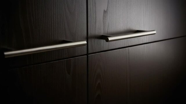 Closeup of dark wooden cabinet drawers with sleek metal handles