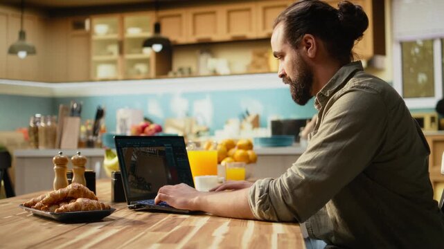 Interior designer working on architectural CAD software on laptop, creating layout and measurements with detailed blueprints. Taking measurements and drafting functional property model.