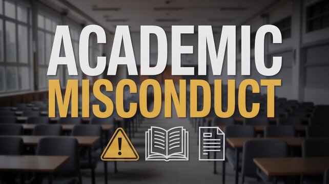 Academic misconduct warning with a book and document against a blurred classroom background representing educational integrity violations and student policy issues.