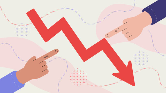 Two hands point towards a large red downward trending arrow symbolizing a decline or loss in a financial or economic context high quality professional detailed modern