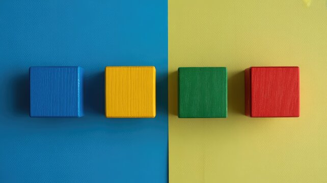 Four brightly colored wooden toy blocks are neatly arranged on a surface split between blue and yellow backgrounds