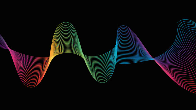 A vibrant abstract composition features flowing colorful lines resembling waves against a stark black background creating a dynamic visual effect high quality professional detailed modern elegant
