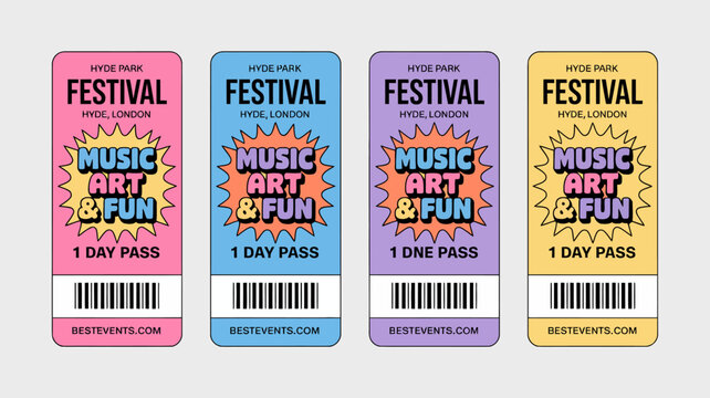 Four colorful festival tickets for hyde park london each with a unique background color and a one day pass barcode high quality professional detailed modern elegant