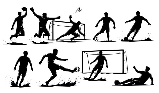 A set of black silhouette vector graphics depicting soccer players in various actions on a white background