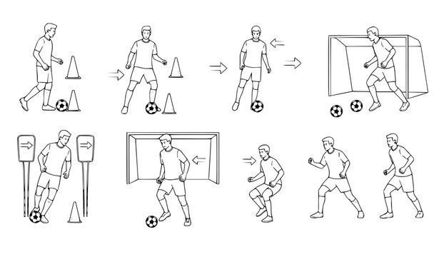 A black and white line art illustration of a soccer player performing various skills and drills with a ball