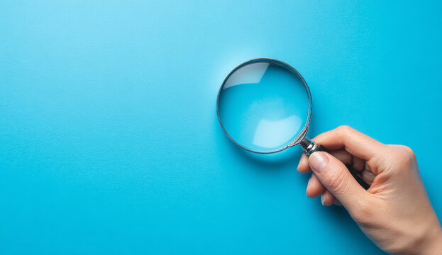 A hand holding a magnifying glass with a reflective glass surface against a vibrant blue background