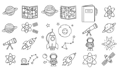 A set of black and white line art illustrations depicting various space-related icons and objects, including planets, rockets, and astronauts. © Abirex