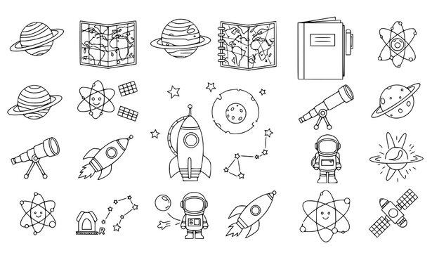 A set of black and white line art illustrations depicting various space-related icons and objects, including planets, rockets, and astronauts.