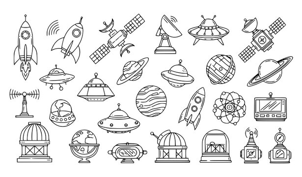 A set of vector space icons featuring planets, rockets, and satellites in a minimalist line art style