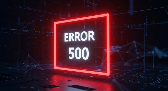 Abstract Web Server Error and Digital Software Failure Concept Featuring a Perspective View of a White Warning Sign with Intense Red Glowing Light and Glitch Visual Effects for Technology Issues
