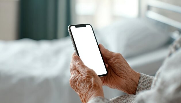 Elderly person's hands holding a smartphone with a white screen, showing textured skin, age spots, and thin fingers, indoors with natural light