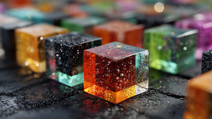表面に水滴のような模様があるカラフルな光るキューブ