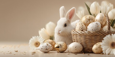 Plakat Elegant white bunny beside wicker basket overflowing with golden eggs and tulips, evoking luxurious Easter celebration on beige backdrop