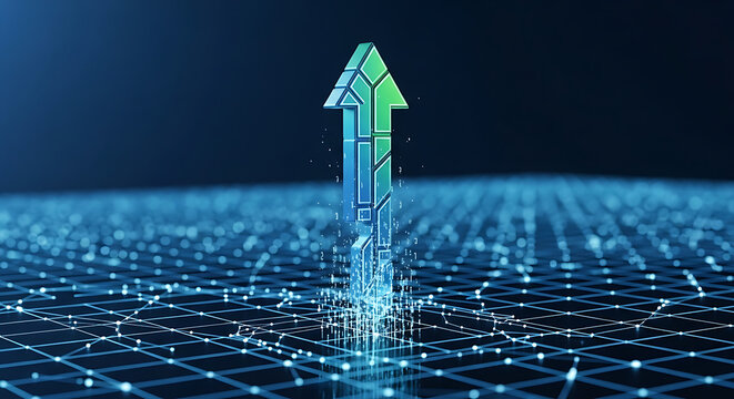 Modern abstract technology background featuring a vibrant upward growing arrow on a glowing digital cyber grid symbolizing financial success, corporate progress, and economic market increase.