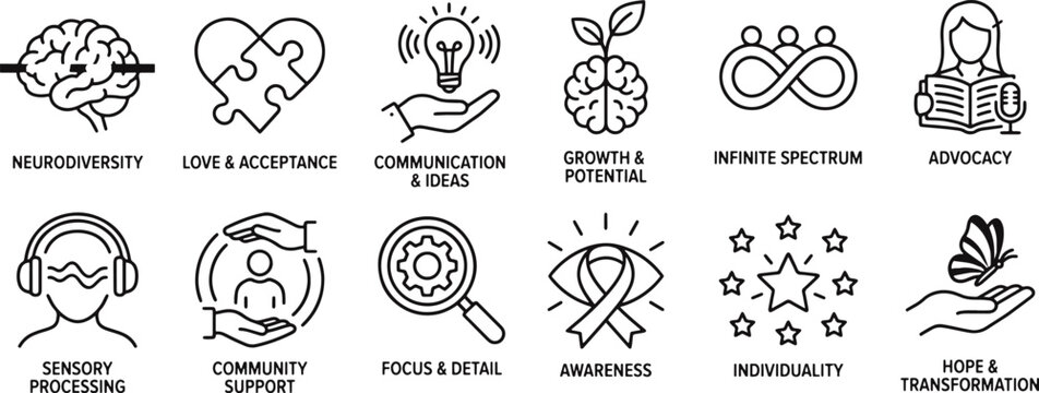 Autism awareness symbols  neurodiversity icons  line art illustrations  social issues concepts  mental health signs