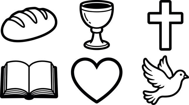 Black and white religious vector icons including bread chalice cross open bible heart and flying dove with simple outlines