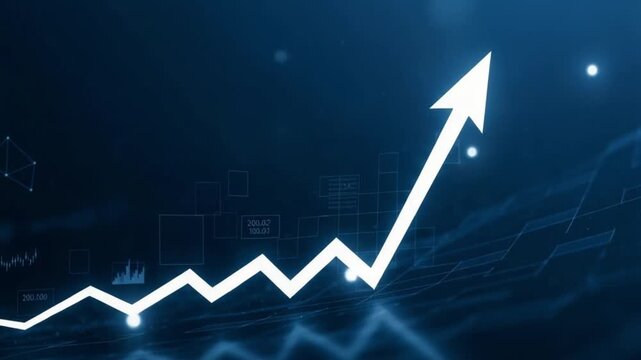 A white arrow pointing upwards on a blue graph background representing growth and success