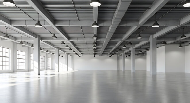 Vast empty modern exhibition hall interior featuring industrial ceiling illumination clean white walls and polished glossy concrete floor in a contemporary gallery showroom space