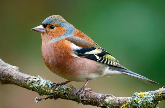 A colorful chaffinch bird perched on a moss-covered branch with detailed feathers and vibrant plumage