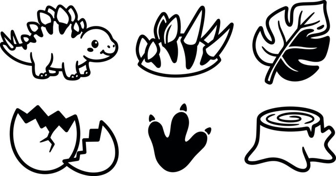 Cute cartoon style stegosaurus dinosaur with spikes leaf broken egg claw and tree stump isolated black outlines