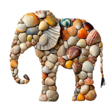 2-dimensional elephant silhouette composed entirely of colorful seashells laid on a transparent background.