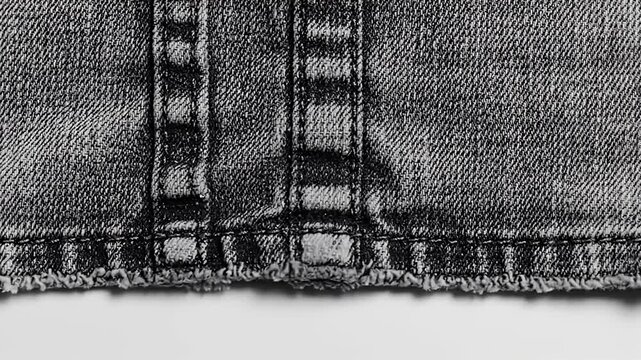 Close up of dark denim fabric with seams and frayed hem