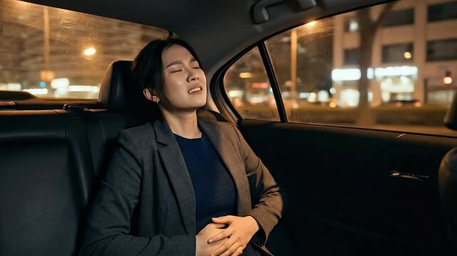 An elegant businesswoman sits in the back seat of a moving vehicle at night, wincing and clutching her stomach.