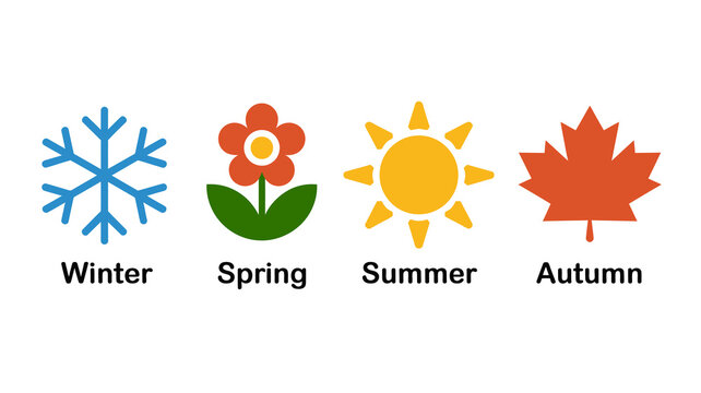 A colorful illustration depicts symbols representing the four seasons winter spring summer and autumn each clearly labeled high quality professional detailed modern elegant stylish clean crisp