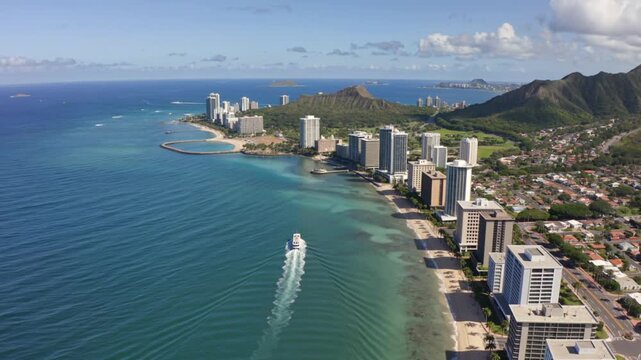 Aerial view of waikiki beach and diamond head in honolulu hawaii