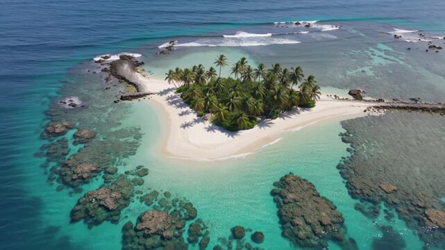Aerial view of tropical heart shaped island with palm trees