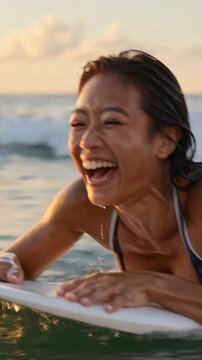 Happy asian woman laughing on surfboard at sunset