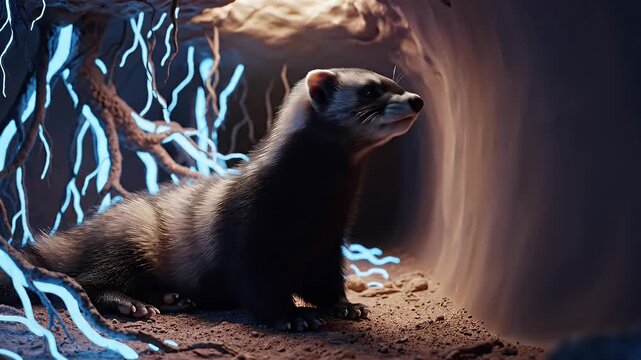 A black-footed ferret sits inside an underground dirt burrow illuminated by glowing blue electric roots.