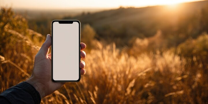 A hand holding an smartphone with a blank screen outdoors during sunset, natural landscape background