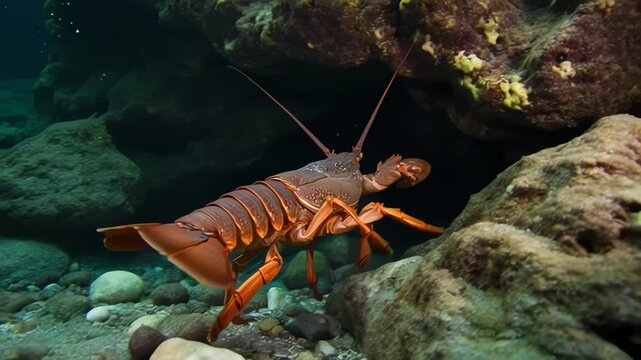 European Lobster Crawling on Rocky Sea Floor Underwater