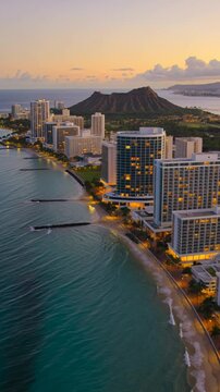 Scenic aerial view of waikiki beach and diamond head at sunrise