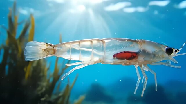 Transparent Krill Swimming Underwater with Sunlight Rays