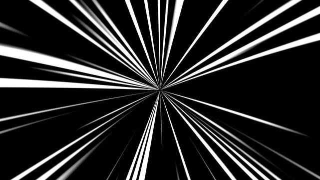 fast speed line loop black and white from middle to outside. radial burst lines fast glowing trails. anime comic speed lines radial speed lines. light velocity streaks flash action background. 4k anim