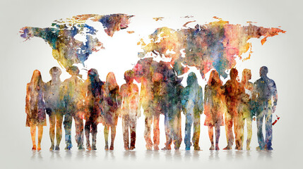 Diverse group of people standing in front of a colorful world map mural, representing global unity and cultural diversity