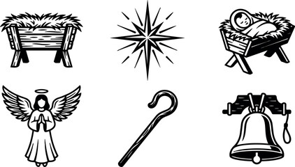 Naklejka premium Black and white vector nativity icons featuring manger with baby angel star shepherd crook and bell in simple line art style