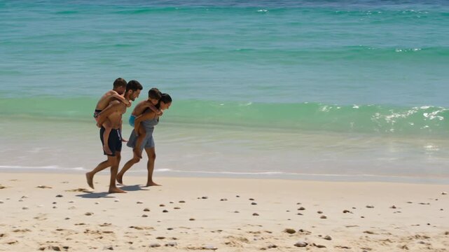 Young family walking piggyback on tropical beach